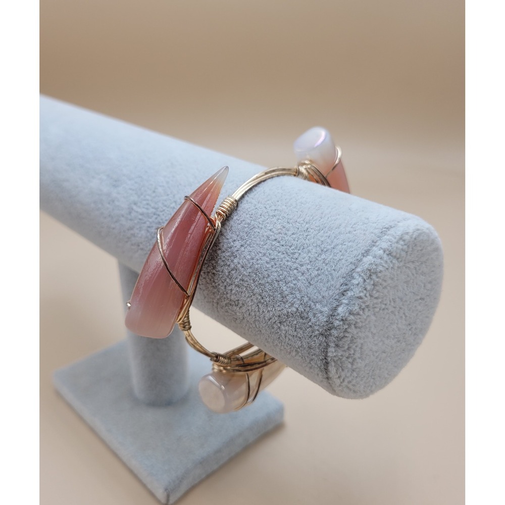 Handmade Pink Iridescent Stone Wire Wrapped Bangle Gold Tone Claw Cuff Bracelet